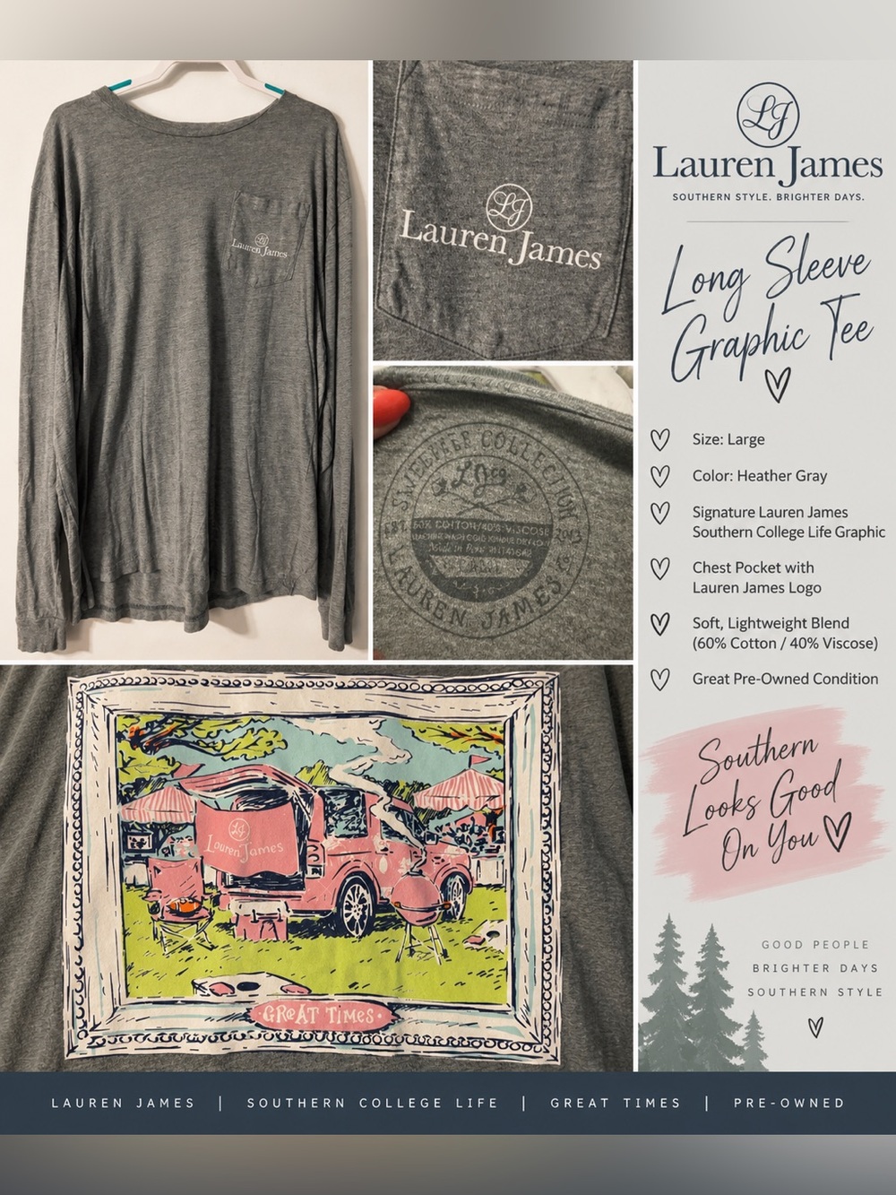 Lauren James Long Sleeve Pocket Tee - Gray